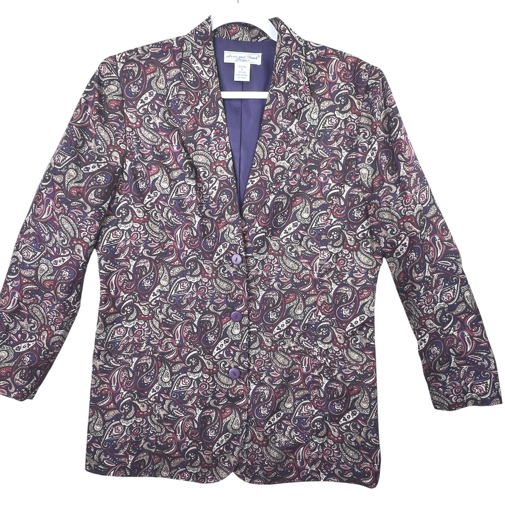 Anna and‎ Frank Silk Blazer Petite S Purple Paisley Print 3 Button 3/4 Sleeve